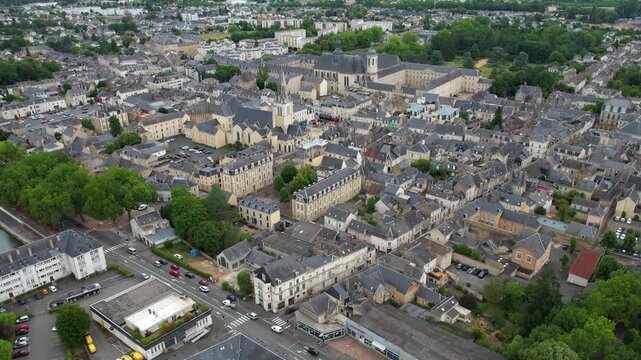 Aerial view of the city La Fl&egrave;che in France, on a sunny noon in early summer.