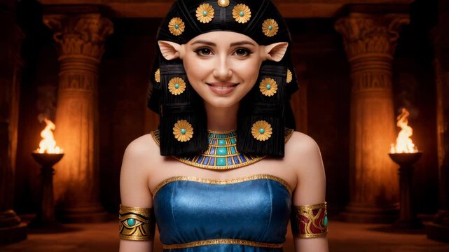 Smiling goddess Hathor with black headdress with gold turquoise flowers and Eye of Ra bracelet in torchlit Egyptian ancient temple. Fantasy portrait for mythology projects.
