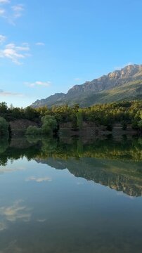 Relaxing outdoor landscape with a serene lake and mountain peaks