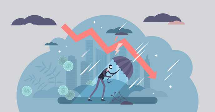 Recession financial storm concept, tiny business person illustration, transparent background. World economy recession and global market collapse risk.