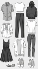 Naklejka premium Collection of casual and formal clothing outfits including tops dresses and pants.