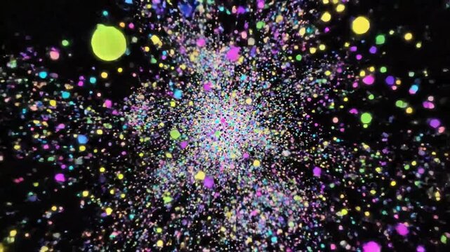 Abstract explosion of colorful glowing particles against a black background, a vibrant and dynamic visual effect.