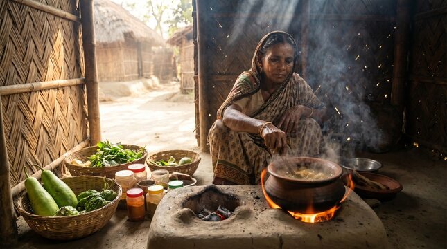 Rural Bangladeshi Woman Cooking Traditional Meal on Clay Stove