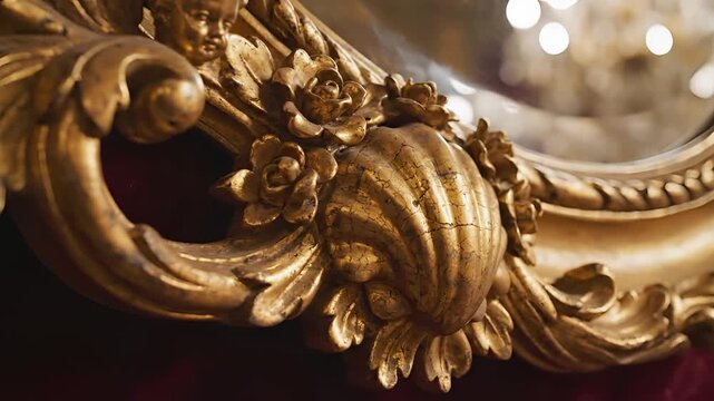 Closeup of an ornate antique gold mirror frame with intricate carvings.
