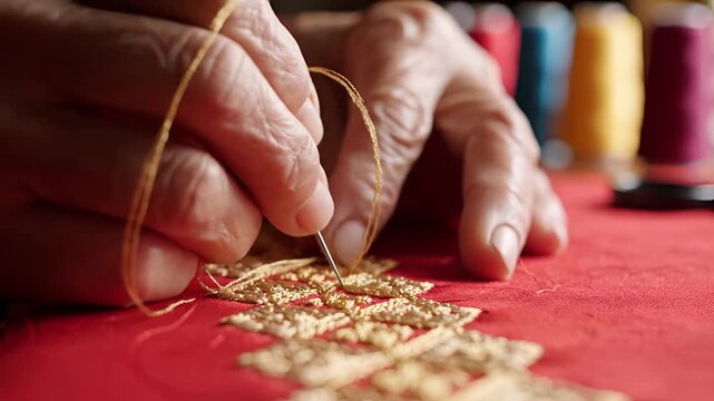 Closeup of elderly hands meticulously embroidering intricate patterns on red fabric.