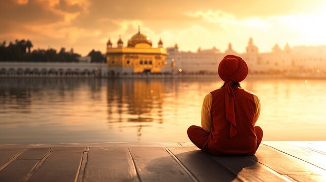 Sikh Man Meditating at Golden Temple for Spiritual Peace, Sikhism Prayer, Reflection and Tranquility
