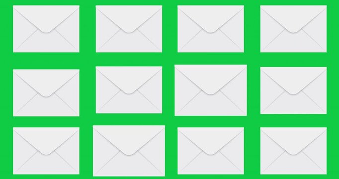 Set of white envelopes. Animation of closed envelopes on chromakey background. Design for  mail presentation, for office messages or documents sending. 4K video graphic motion