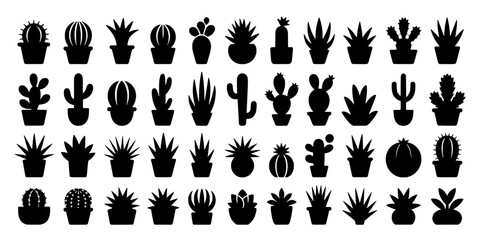 Obraz premium Cacti set with various potted plants and succulents in black silhouette style featuring plant icons, succulent collection, graphic resource with
