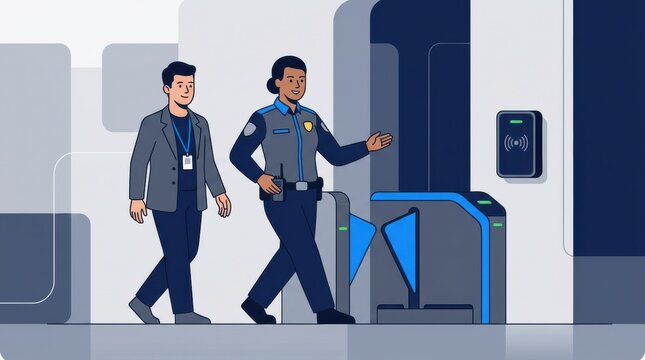 Security personnel assist a person in passing through a security checkpoint in a contemporary building during the day.