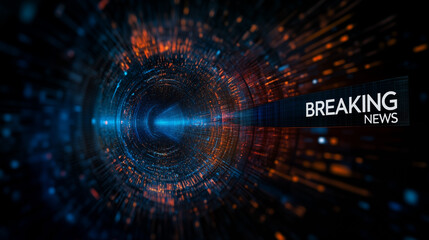 Obraz premium Abstract futuristic breaking news background featuring glowing blue and orange digital circular HUD elements with dynamic particles and high-tech cyber interface design.