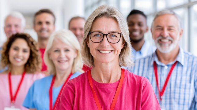 Diverse group of volunteer blood donors smiling and standing together in a bright indoor setting, wearing matching shirts and identification lanyards