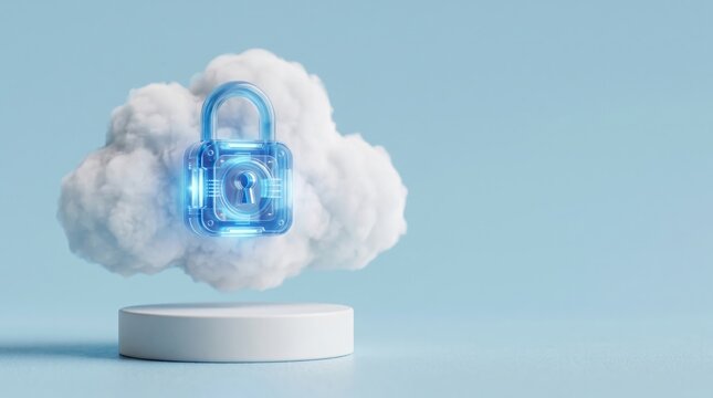 Minimal cloud computing security concept featuring a glowing lock symbol representing secure cloud storage and privacy.