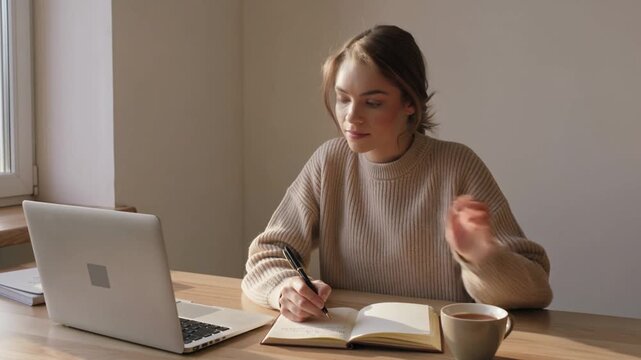 Young Caucasian woman in beige sweater writes notes in a notebook while seated at a wooden table with a laptop and coffee cup in a bright, cozy indoor setting