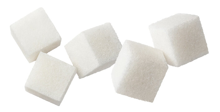 White sugar cubes floating, isolated on cutout transparent background