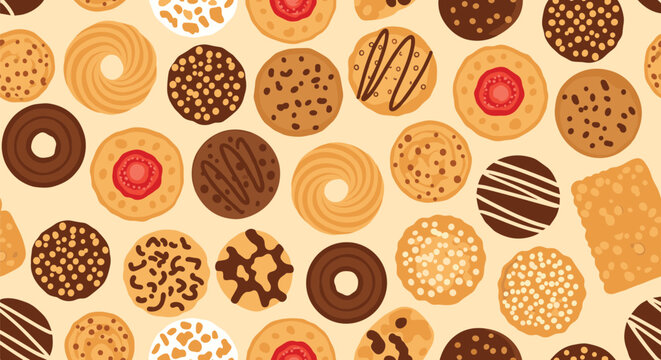 Seamless background pattern featuring a delicious variety of cookies, biscuits, and chocolate-covered treats.