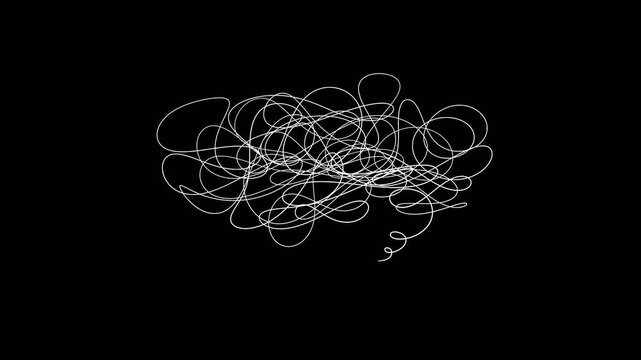 Tangled brain concept and messy thoughts line art, seamless looping animation with alpha channel