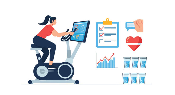 Young woman exercises on stationary bike while tracking fitness progress with health icons for hydration and heart rate.