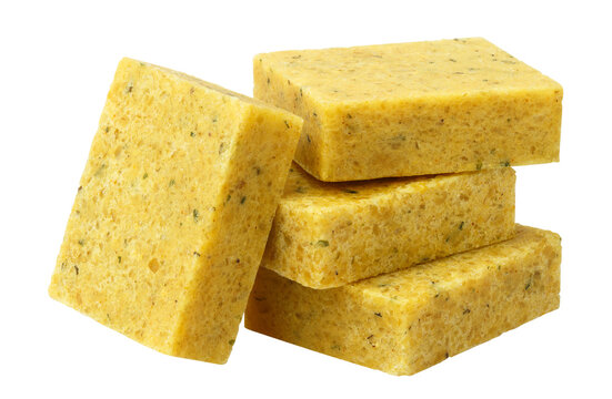 Seasoned bouillon cubes stack, isolated on cutout transparent background
