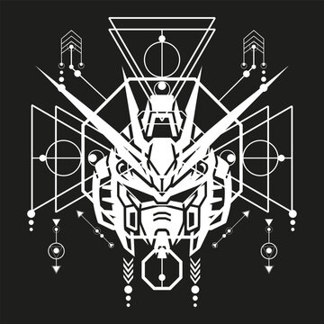 White Mecha Head with Sacred Geometry Patterns, Futuristic Geometric Emblem on Black Background