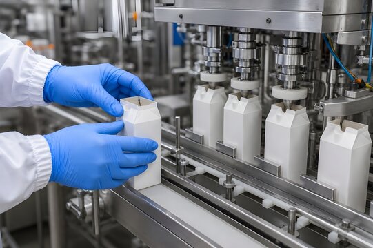 Worker Feeding Empty Cartons into Automated UHT Milk Packaging Line