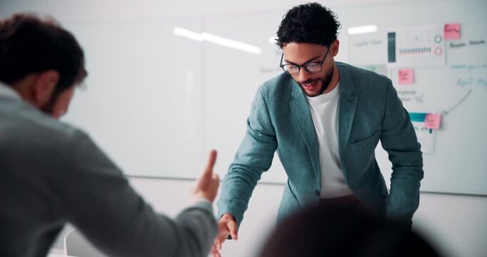 Handshake, interview and business people with candidate in office for recruitment process. Meeting, onboarding and applicant with HR panel for shaking hands with job offer, agreement and hiring