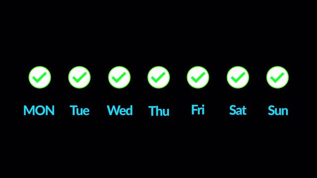  weekly habit tracker showing green check marks filling in for every day from Monday to Sunday in 4K animation weekly seven days animation with alpha channel on transparent background 