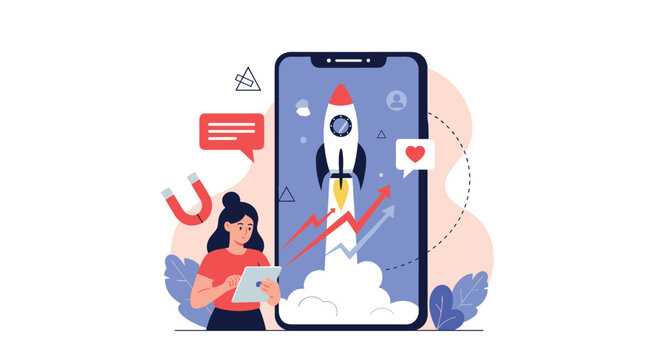 Businesswoman uses digital tablet in front of large smartphone showing rocket launch and successful growth charts.