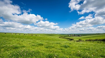 Naklejka premium Vast Green Pasture Under a Blue Sky with Fluffy Clouds, Rural Landscape