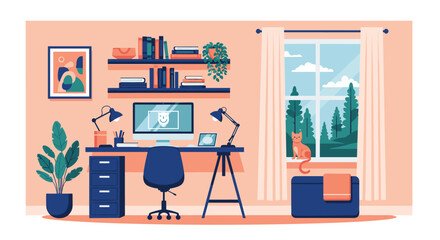 Fototapeta premium Modern home office interior with a computer desk, bookshelves, indoor plants, and a cat sitting on the window sill looking outside.
