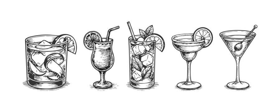 Set of classic cocktail. Simple alcohol drink sketch collection, engraved style