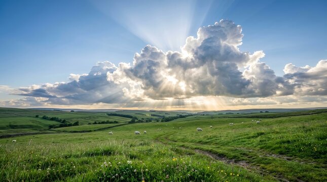 Sunbeams breaking through dramatic clouds over lush green rolling hills and grasslands