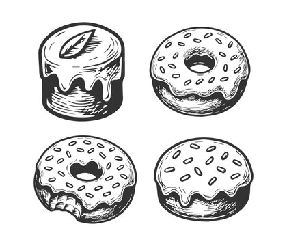 Hand drawn donut with icing and sprinkles sketch set on a white background