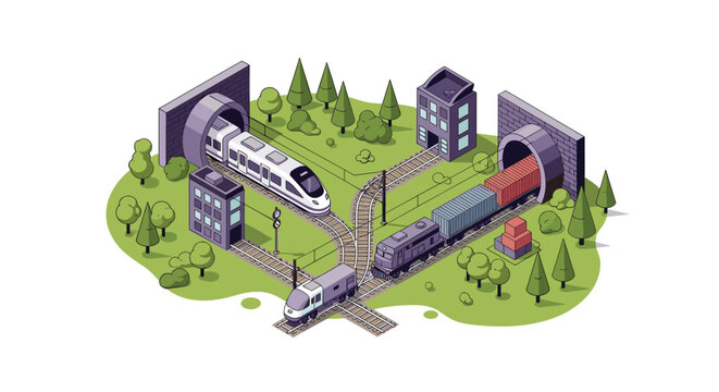 Isometric view of a transport hub with trains passing through tunnels and rail junctions in a forest landscape.