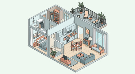 Obraz premium Modern apartment floor plan in isometric view showing a bedroom, kitchen, living room, and a spacious balcony area.