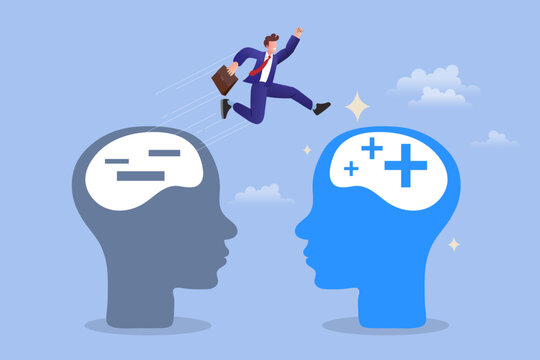Positive thinking and mindset shift concept with man jumping between human heads. Cheerful businessman character carrying briefcase to change from negative to optimistic thoughts.