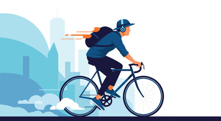 Fototapeta premium Stylish person wearing headphones riding a bicycle quickly against a blue silhouette of a city skyline background.