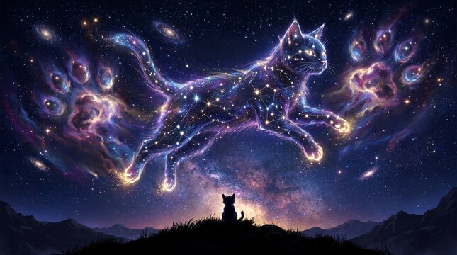 Celestial cat constellation glowing in starry night sky.