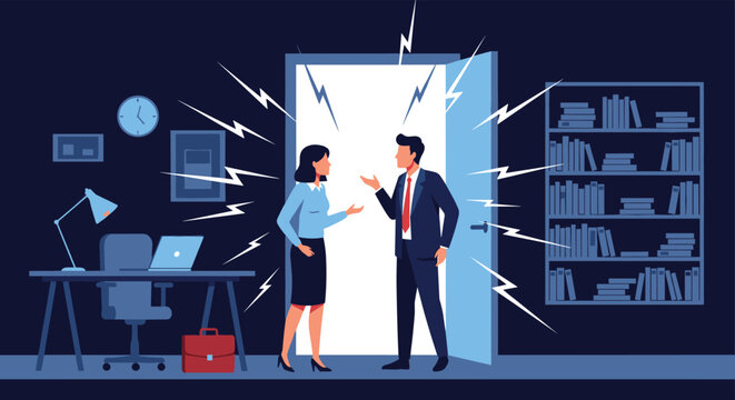 Man and woman business professionals having a heated argument or conflict in a dark office room near an open door.