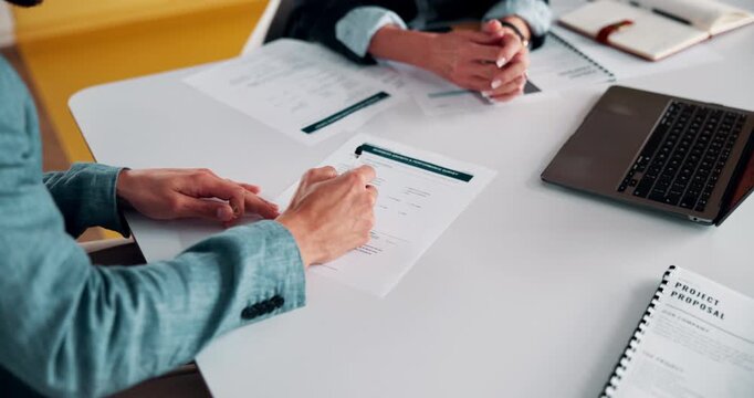 Signature, hands or people with paper in office, non disclosure agreement or trading secret contract. Laptop, manager or investor with business proposal for venture launch, asset rights or writing