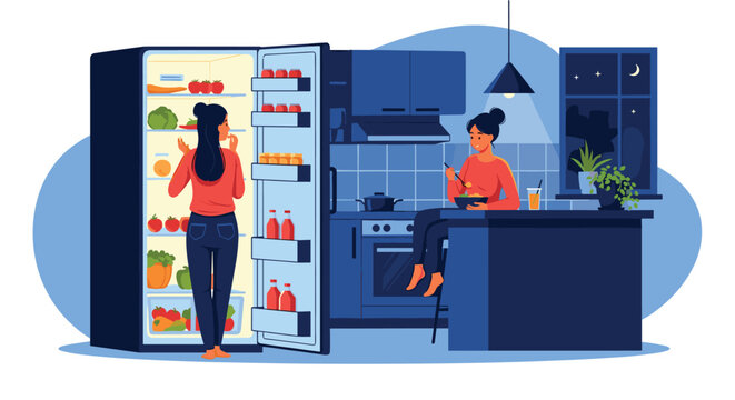 Two women in a kitchen at night with one choosing food from an open refrigerator and the other eating at the counter.
