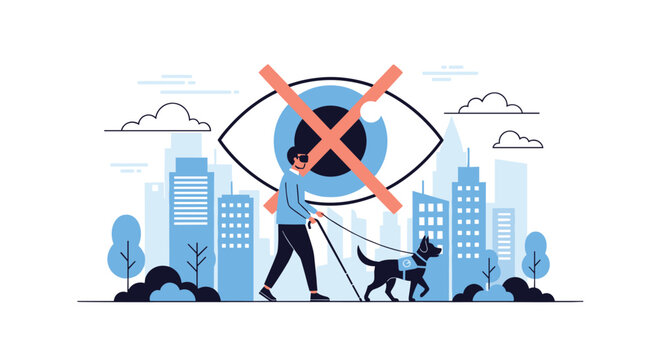 Blind man walking safely through a city street with the help of a guide dog and a white cane near tall buildings and urban scenery.