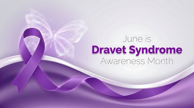 June is dravet syndrome awareness month with purple ribbon and glowing butterfly on abstract background graphic.