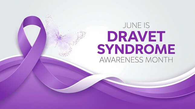 June is dravet syndrome awareness month with purple ribbon and glowing butterfly on abstract background.