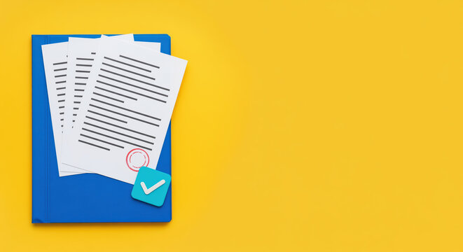 Approved tax audit document stack layout with round red ink seal stamp on blue folder icon for government registration status updates and legal financial accounting paper processing