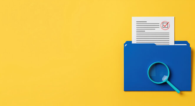 Verified corporate accounting tax return document extraction from blue file folder with loupe symbol for regulatory financial audit inspection tasks or federal archive data research database