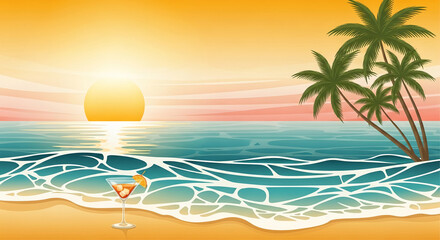 Obraz premium Beach sunset with palm trees and a cocktail, representing tropical vacation, relaxation, and summer holiday escape