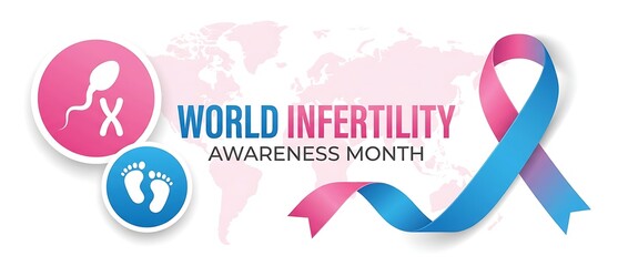 Fototapeta premium World infertility awareness month with pink and blue ribbon sperm and footprints icons on world map background for global health.