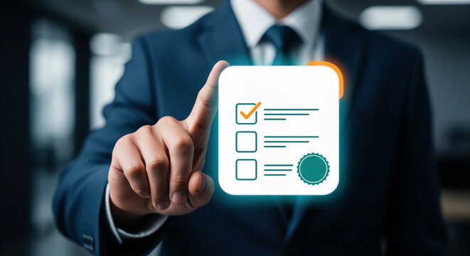 Quality standard compliance certificate validation showcasing interactive audit checklist icon to present digital questionnaire result inside employee software evaluation layout
