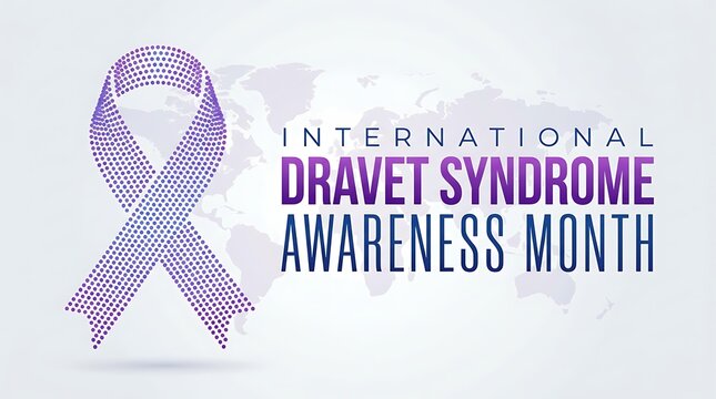 International dravet syndrome awareness month poster featuring purple dotted ribbon and world map background for epilepsy awareness and neurological health care.