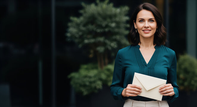 Financial advice report delivery notice with paper envelope held by female real estate agent for mortgage application approval details or corporate investment contract invitation